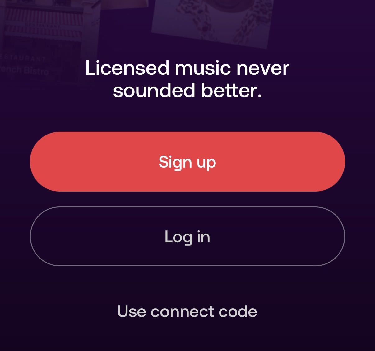 The Soundtrack app welcome screen with ‘Sign up’, ‘Log in’ and ‘Use a connect code’ options