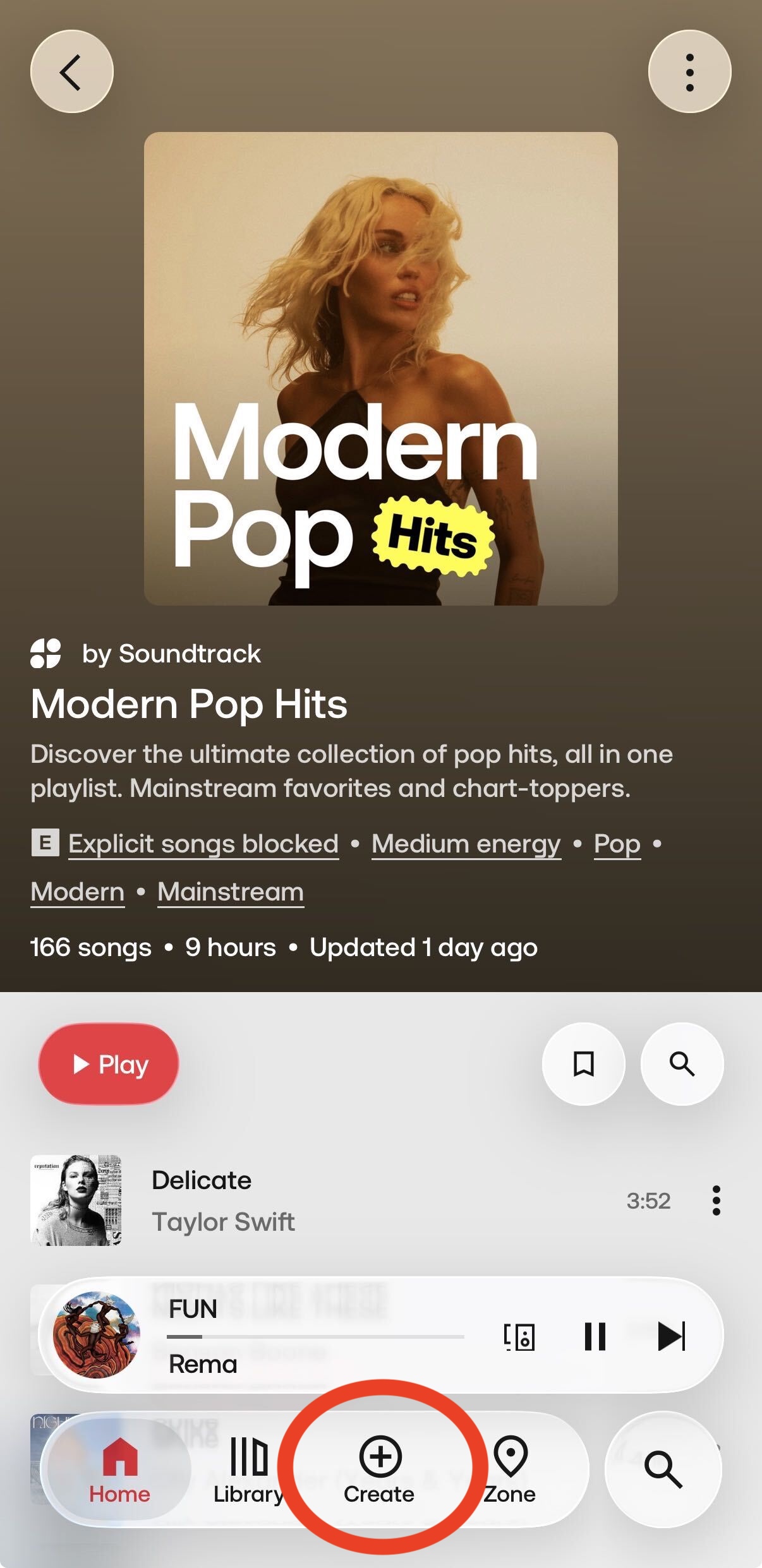 The ‘Create’ screen for building a new playlist or station